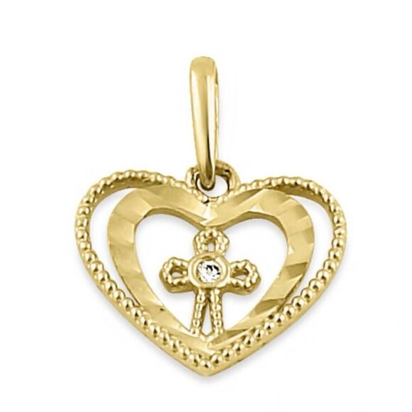 Solid 14K Yellow Gold Double Heart Cross with Clear CZ Necklace Pendant New - Picture 3 of 4